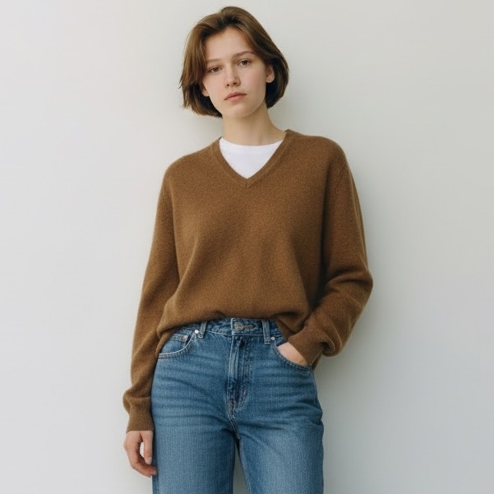 Brooks Brothers Tan V-Neck Merino Wool Sweater